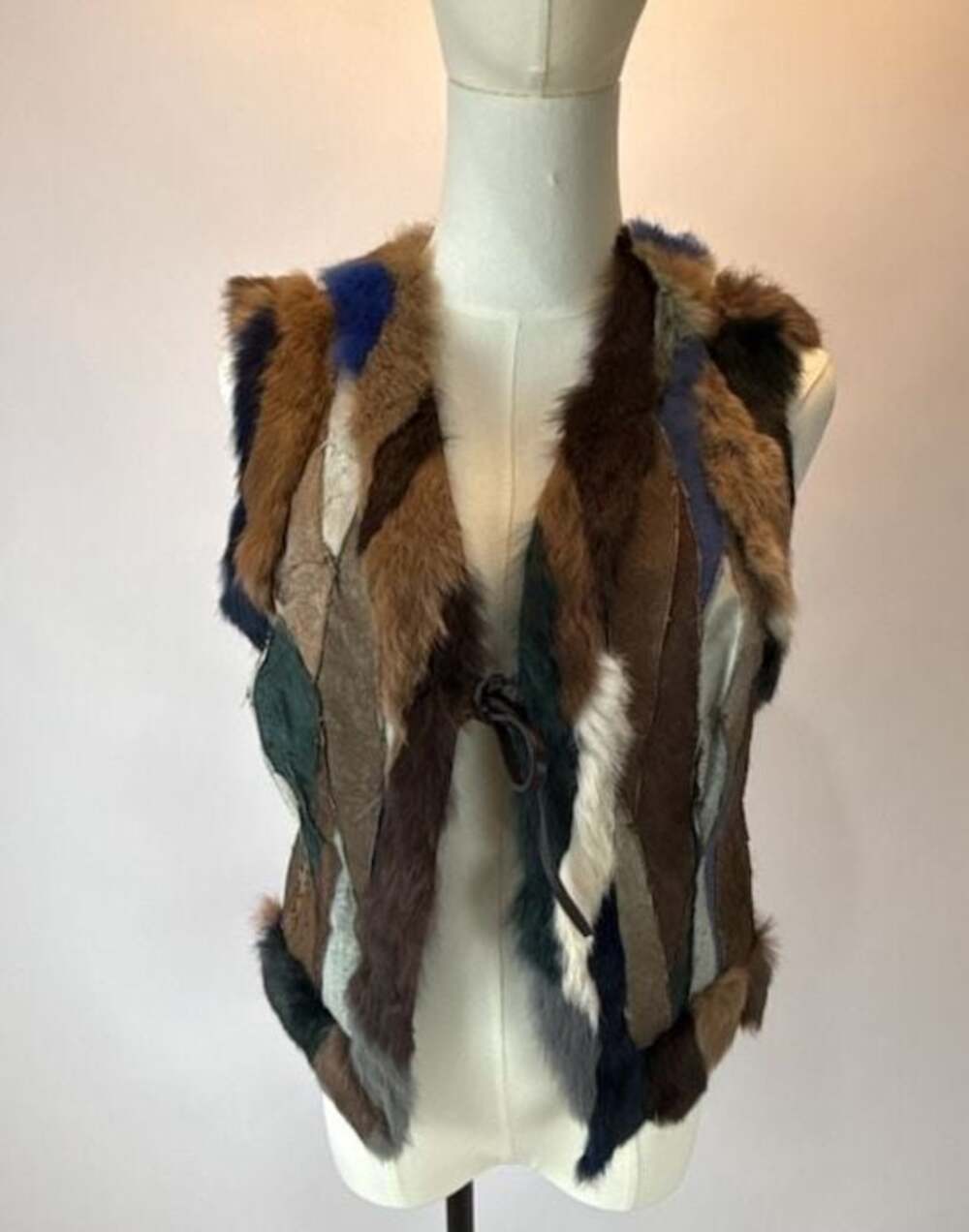 Bebe Frankie Patchwork Rabbit Fur Gilet Vest with Tie Closure NWT AS IS